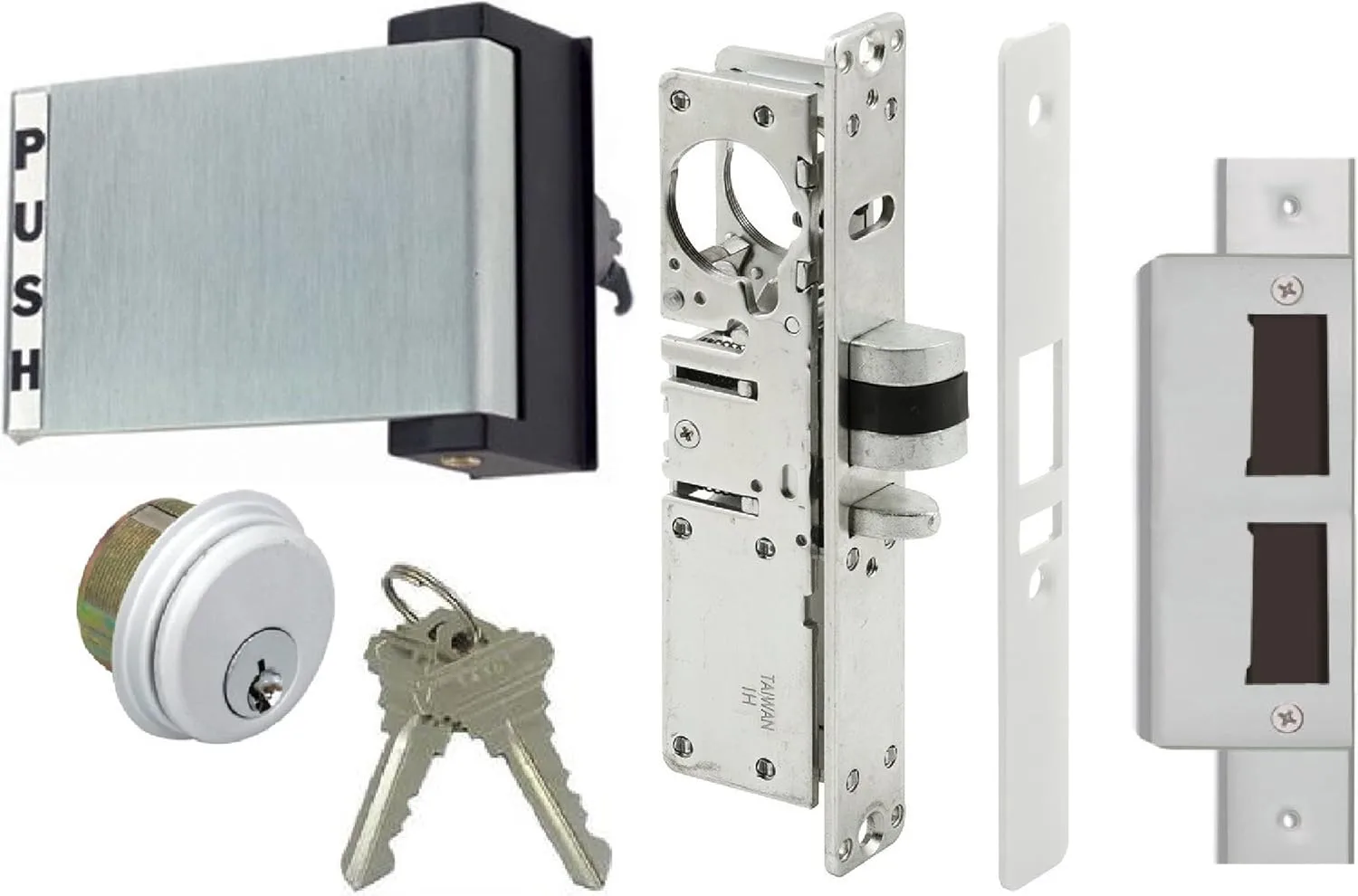 Deadlatch with push paddle and mortise lock full assembly